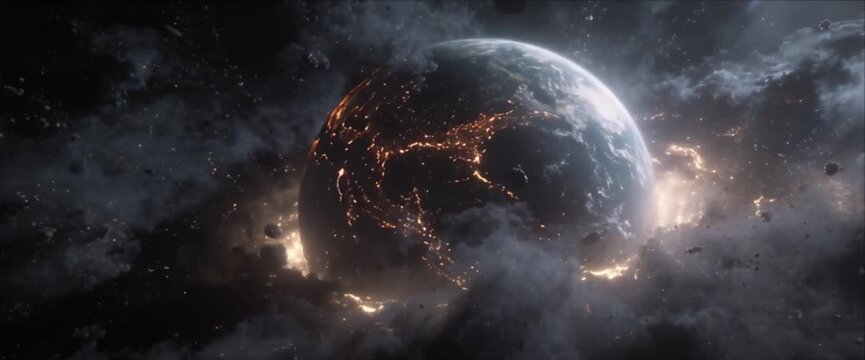 Space planet explosion fire asteroid impact destruction cosmic smoke rock dramatic energy apocalypse scene science fiction deep universe dark cloud cosmic glow mysterious night sky outer orbit