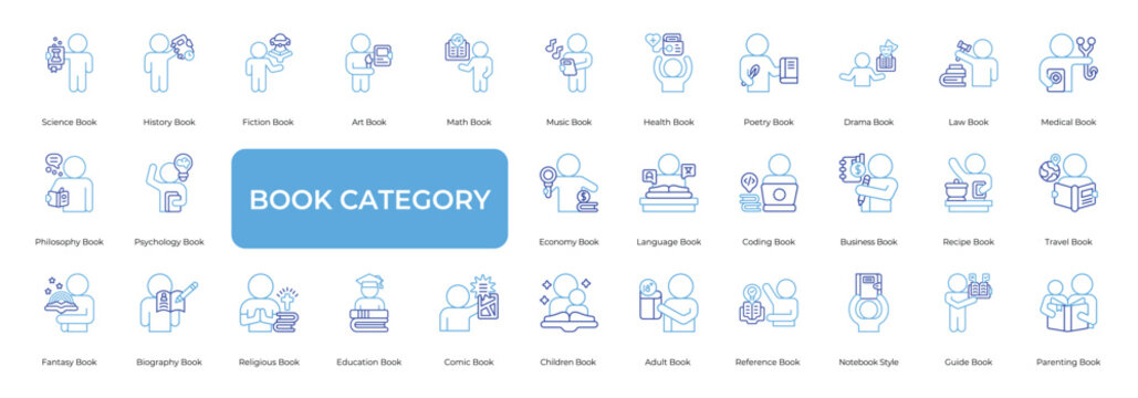 Book Category Icon set Collection in Line Two Color Style. library, school, class, read, science, literature, student