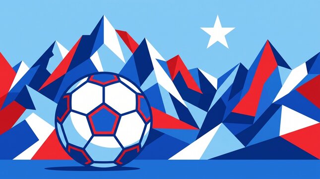 Chile Soccer Crest Vector with Minimalist Andes Mountains Geometric Shapes, Chilean Football Ball Emblem in National Blue White and Red Colors, Sport Apparel Graphic Element
