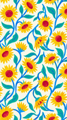 Fototapeta premium Stylized pattern of yellow sunflowers with red centers and green leaves on blue stems against a cream background, symbolizing summer and natural beauty