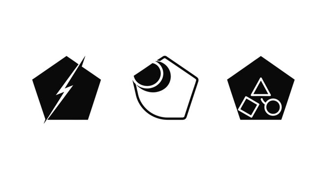 Three black geometric pentagon icons with symbols inside.