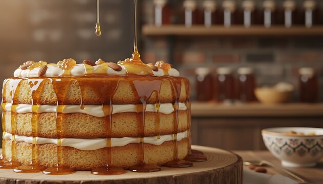 Decadent multi layer honey cake topped with almonds and pouring golden syrup in a rustic setting