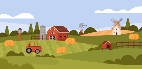 Farm banner. Agricultural buildings. Landscape. Countryside. Fields and pastures. Barn, granary, haystack, tractor, windmill, chicken shed, grass and sky. Vector illustration. © FRIEVA