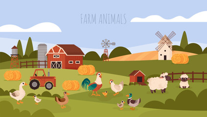 Farm animal banner. Landscape. Cute cartoon pets. Various animals and farm equipment. Rooster, hen, chick, sheep, lamb, goose, duck. Barn, tractor, mill, and hay. Vector illustration. © FRIEVA
