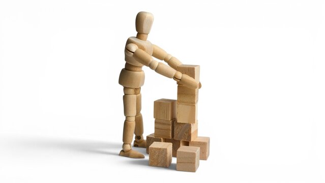 Wooden mannequin sorting and stacking a collection of small wooden cube blocks from a side view perspective.
