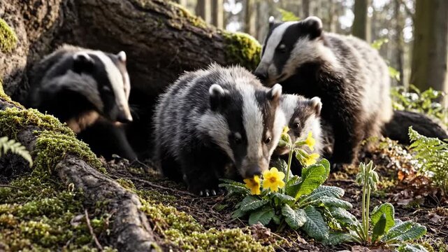 Wild Badger Family Emerging from Forest Sett in Spring