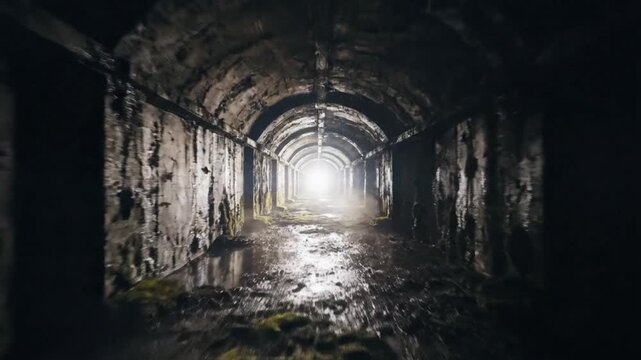 Dark ancient stone tunnel with light at the end.