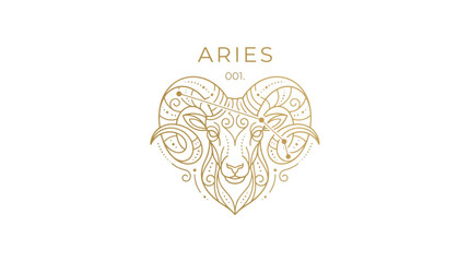 Golden minimalist Aries ram head illustration with celestial constellation details © Mafaat