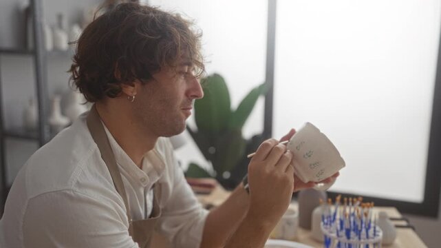 Man painting a ceramic mug with a small brush, hand steady on clay cup, seated at a pottery studio worktable with brushes and tools visible; concentration craftsmanship.