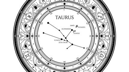 Mystical Taurus constellation map with astrological zodiac wheel symbols © Mafaat