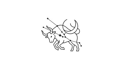 Minimalist line art illustration of bull with celestial moon and constellation © Mafaat