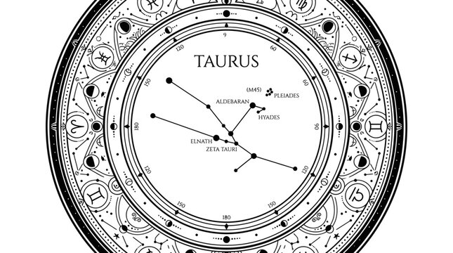Mystical Taurus constellation map with astrological zodiac wheel symbols