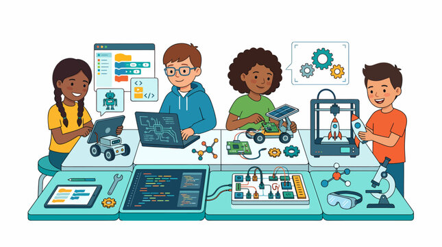 Diverse children learning stem coding and robotics in a classroom
