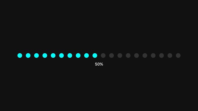 A progress bar displays 50 percent completion with blue dots on a black background