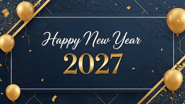 Celebrating Happy New Year 2027 with Gold Balloons and Confetti Background