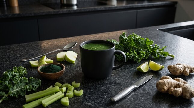 Fresh green smoothie in black mug surrounded by kale leaves ginger root celery and spirulina powder on dark stone kitchen countertop