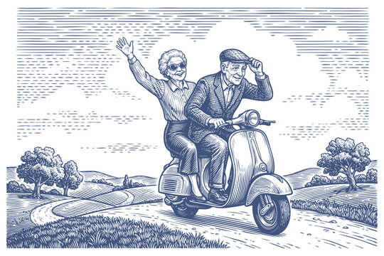 Vector engraving illustration of a happy senior couple riding a classic scooter on a country road. Vintage active retirement lifestyle.