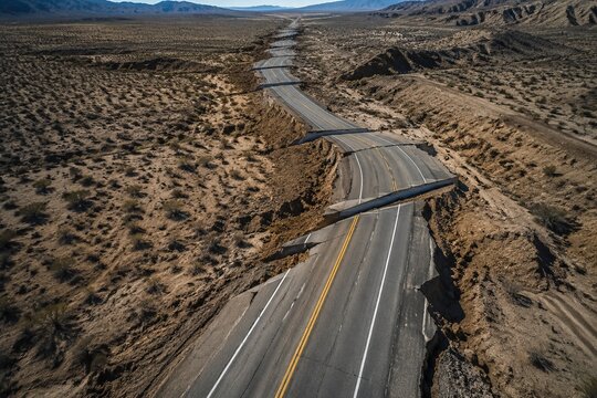 Aerial view of a cracked desert highway with severe lateral dislocation.