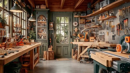 Fototapeta premium Cozy Woodworking Workshop with Tools and Custom Storage Solutions