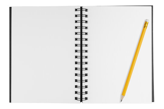 Empty realistic vertical corporate journal layout showcasing clear matte paper texture, wire binding and yellow pencil. Versatile web graphics kit for website banners and creative copy space