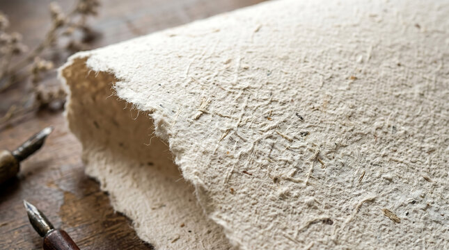 Close-up of a thick, textured sheet of handmade beige paper with a rough, deckled edge resting on a dark wooden surface with ink nibs