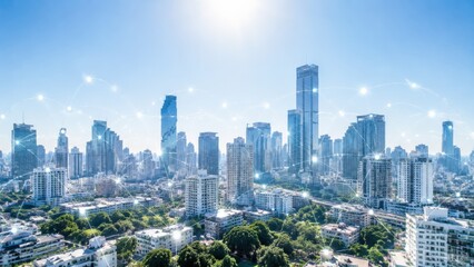 Fototapeta premium A wide cityscape with modern towers and residential blocks, connected by a digital network of nodes, illustrating the reach of high-speed internet connection