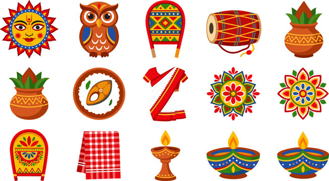 Bengali New Year Pohela Boishakh Festive Icon Set with Mangal Shobhajatra Owl, Sun, Dhol Drum, Kalash Pot, Alpana, and Hilsa Fish