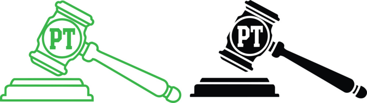 Green and black gavel icons with PT symbol