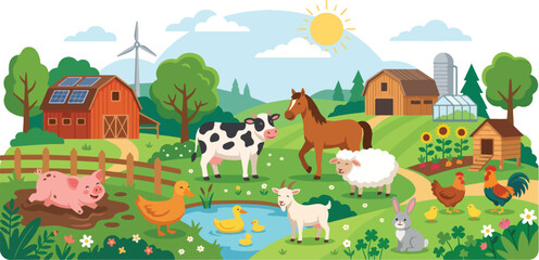 Fototapeta premium Vibrant cartoon farm scene with diverse animals, barns, and renewable energy celebrating World Animal Day