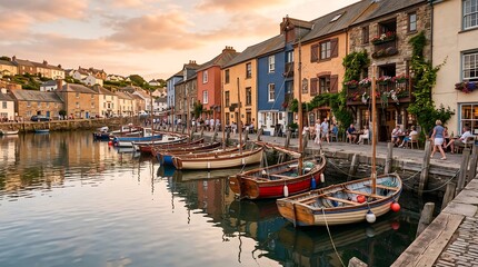 Fototapeta premium Colorful Historic Harbor with Traditional Fishing Boats and Waterfront Cafés at Sunset