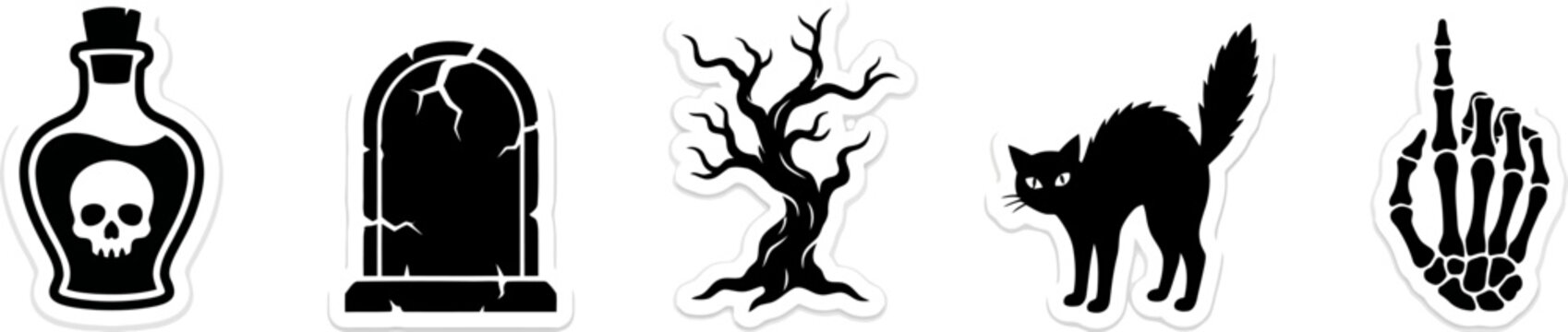 Halloween spooky icons set featuring poison bottle tombstone dead tree black cat skeleton.