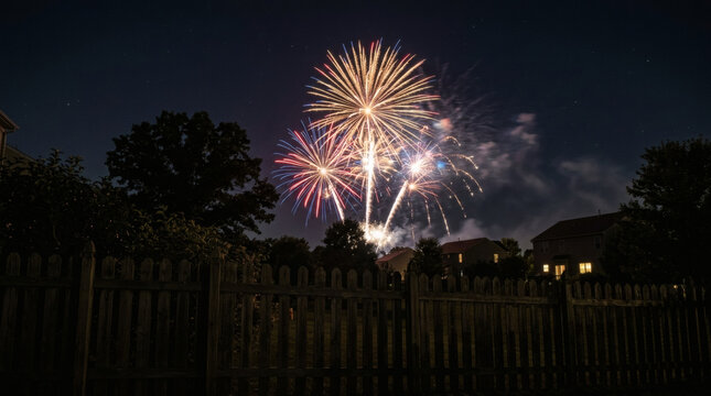 Colorful fireworks display illuminating night sky over suburban backyard