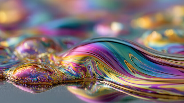 A mesmerizing iridescent liquid metal fluid flows with vibrant abstract waves and shimmering bubbles, creating a dynamic visual.