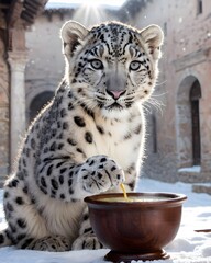 Fototapeta premium A snow leopard cub in a snow filled ancient courtyard with a bowl of soup.