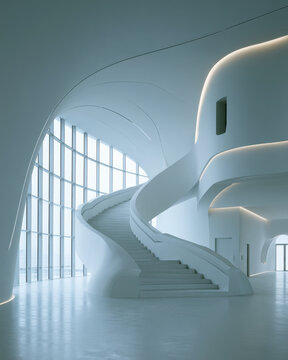 An elegant, futuristic white interior design features a grand spiral staircase and gracefully curved architecture.