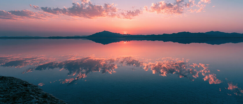 A serene sunrise casts warm pastel hues across a vast, minimalist salt flat desert, creating a perfect mirror reflection.