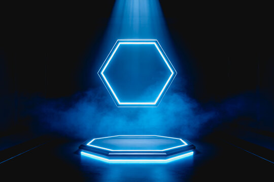 A dark futuristic indoor scene featuring a glowing neon hexagon frame floating above a lit octagonal platform, with spotlight beams and blue smoke.