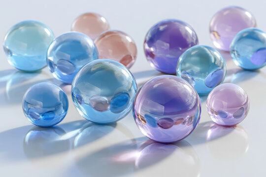 Colorful Translucent Geometric Glass Spheres on White Surface with Light and Shadow.