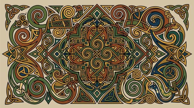 Intricate Celtic Knotwork Ornament with Mythical Creatures and Interlocking Spirals in Traditional Nordic Style