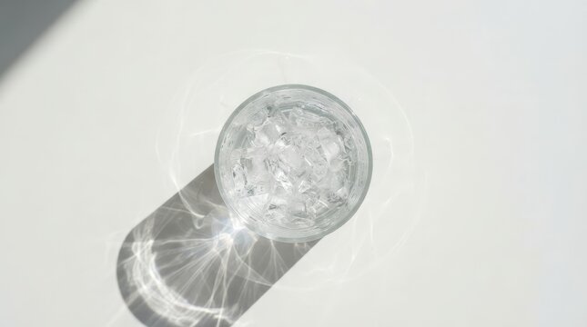 Top view of a glass of water with ice cubes on a white background. Refreshing cold drink in direct sunlight casting sharp shadows. Summer heat hydration concept