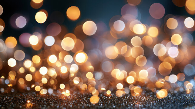 Golden bokeh lights twinkle and shimmer above a sparkling glitter surface, creating an elegant and festive background.