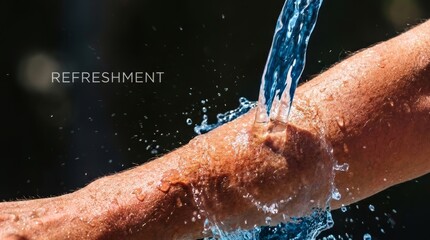 Fototapeta premium Water pouring onto a sun tanned arm to cool off. Refreshment text on background representing hydration in summer heat