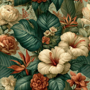 A lush seamless watercolor pattern features vibrant tropical botanical elements such as creamy hibiscus flowers, exotic green leaves, and warm-toned blossoms.