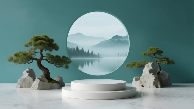 New Chinese Style Round Window Rockery Lake View Display Platform Background