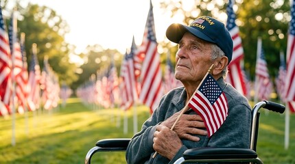 Elderly veteran in wheelchair holding small american flag during memorial service at sunset