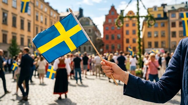 Hand holding a swedish flag during a festive midsummer celebration in a historic european city square