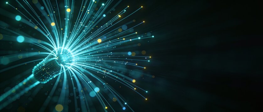 A glowing fiber optic cable emits light and numerous yellow sparks against a dark background with Technology and Science concepts.