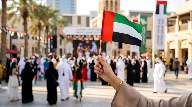 Person holding united arab emirates flag during national celebration in outdoor public square