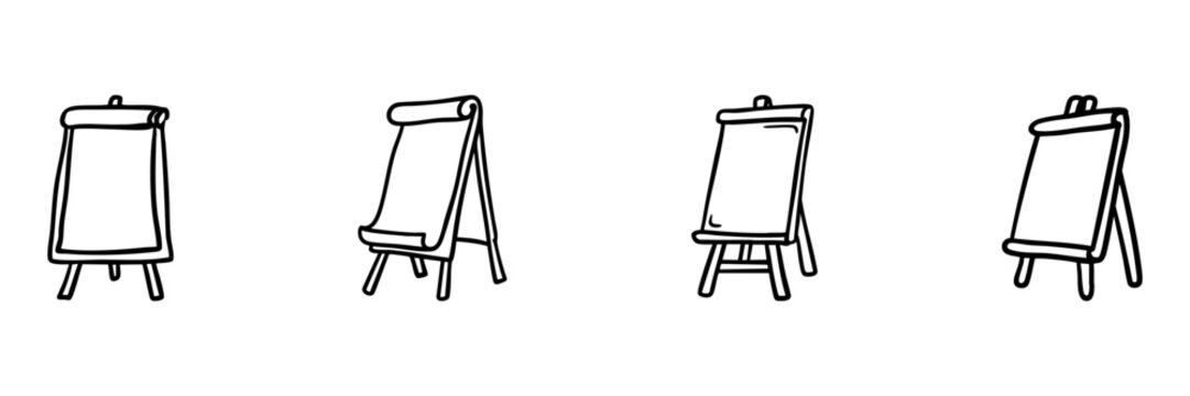 Easel And Flipchart In Hand Drawn Style Set. Presentation And Teaching Tools Doodle Sketch Collection. Educational And Office Supplies. Isolated Vector Illustration