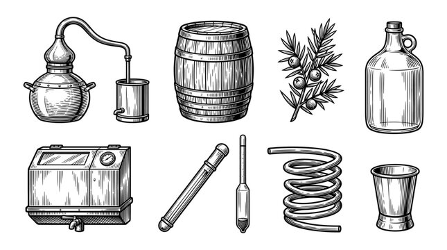 Vintage Distillery and Alcohol Distillation Equipment Vector Illustration Set Featuring Alembic Still Wooden Barrel Juniper and Hydrometer in Engraving Style